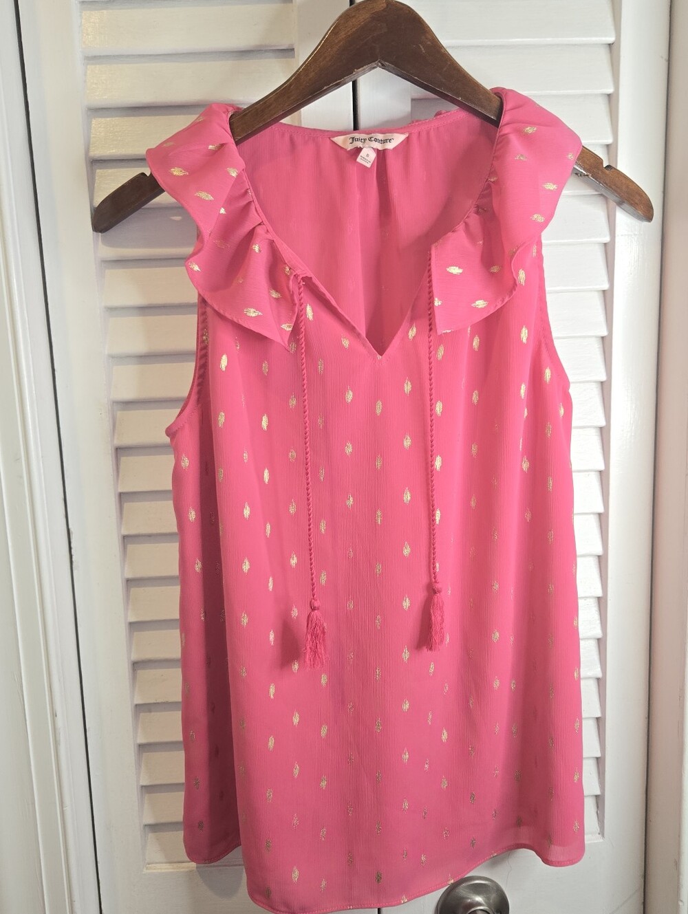 Juicy Couture Hot Pink Gold Clip Dot Ruffle Neck Tassel Tank Top Blouse | Small